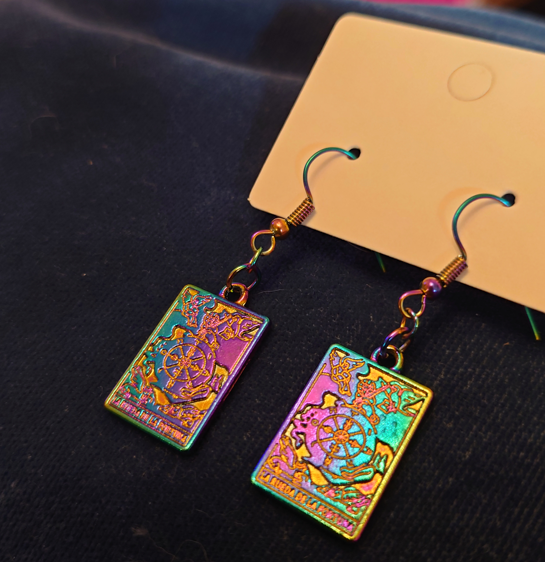 Tarot earrings - The Moon - gold metal · Tarot earrings - Wheel of Fortune - rainbow metal